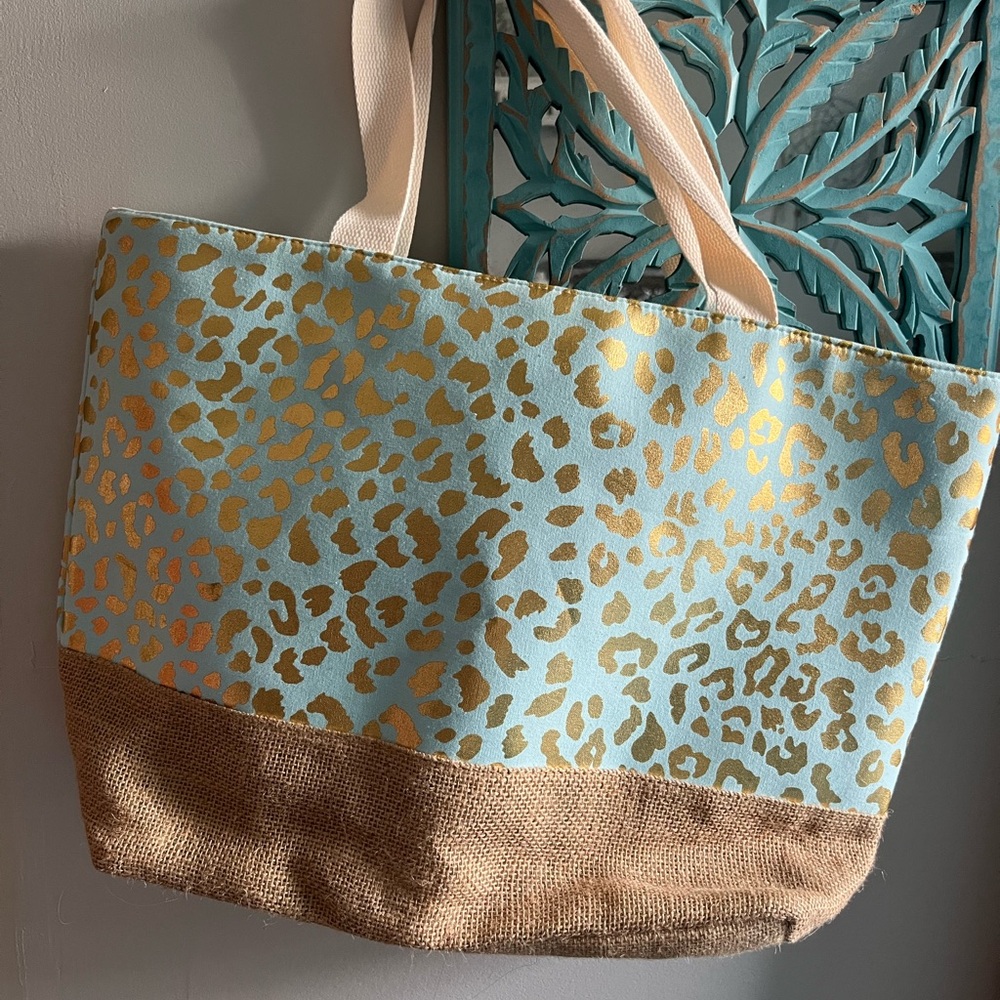 Cheetah Print Teal and Gold Burlap Tote new without tags